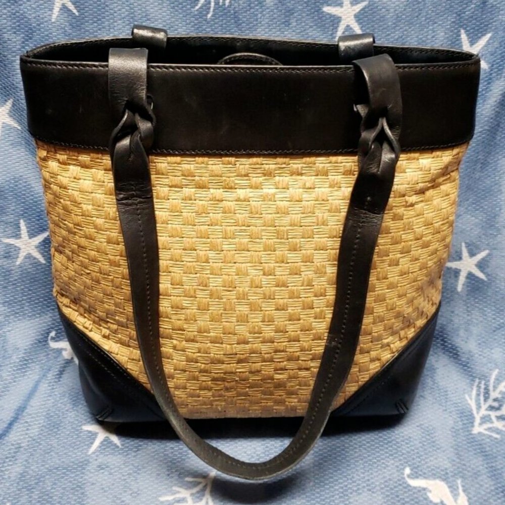 Preston and York Straw Bag Leather Trim Shoulder Bag Tote